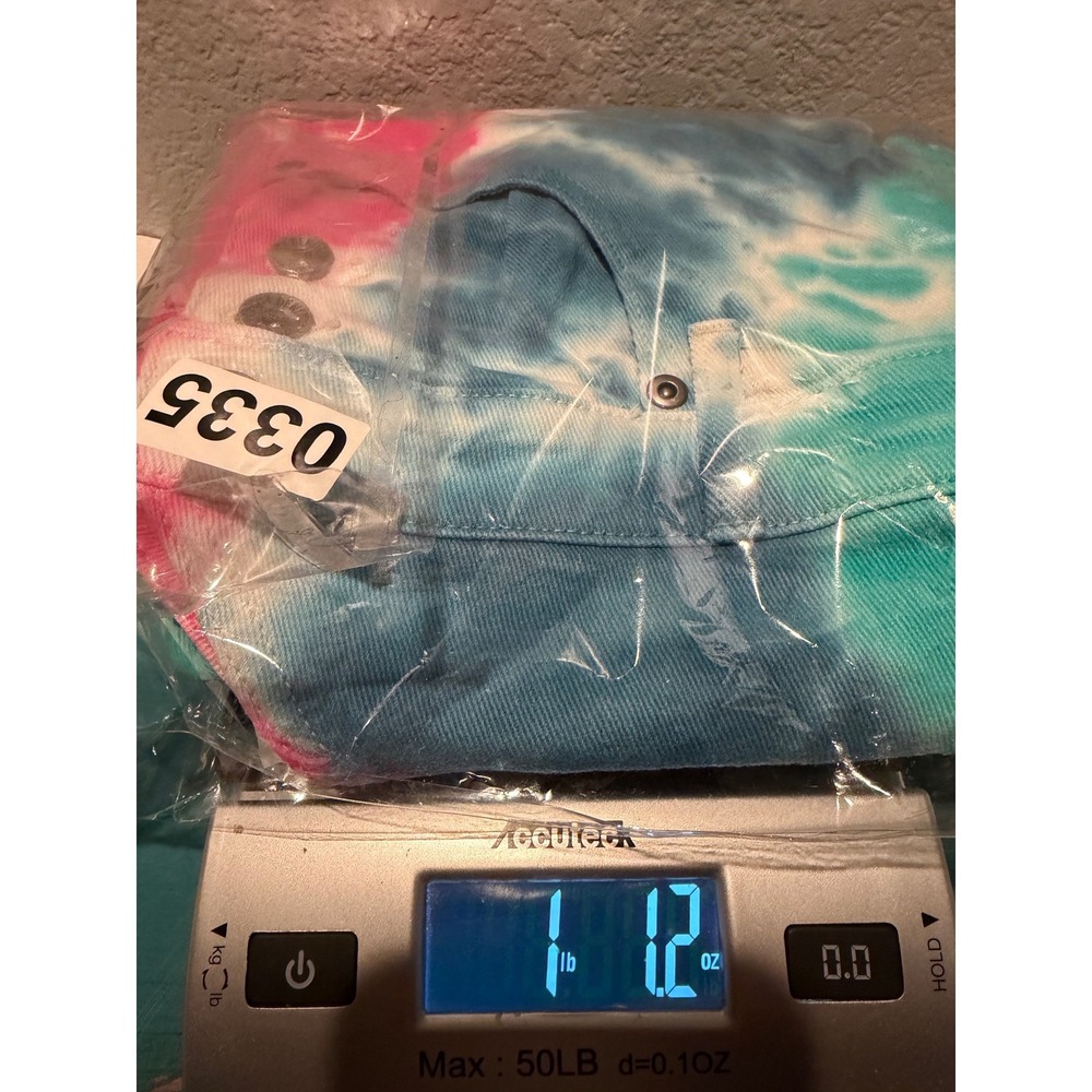 HT Denim Tie Dye Shortalls Pink Teal Blue Stretch Denim Overalls Womens Large - Picture 7 of 7